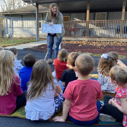 Annie F. Downs reads her children's book to students at CAP's preschool.