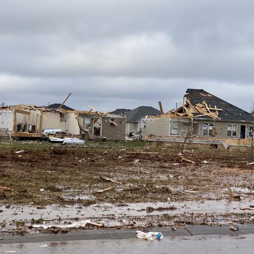 A devastated neighborhood in Western Kentucky after tornadoes impacted the area.