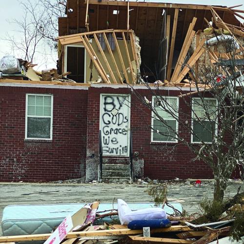 Home with tornado damage.